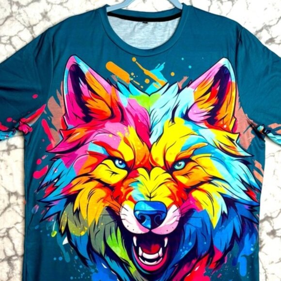 WOLF T-Shirt Men's L Blue Green Neon Wolf Head Front & Back Pink Yellow Otange - Picture 2 of 11